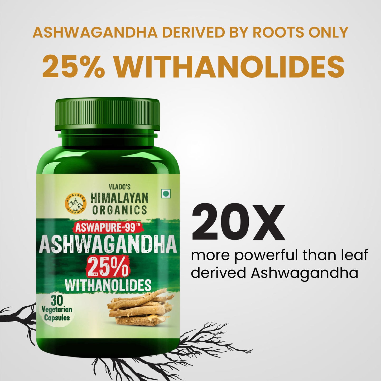 Vlado's Himalayan Organics Ashwagandha -25 % Withanolides with Maximun High Potency - 600MG - Highly Concentrated & Third-Party Lab Tested - Ayurvedic Supplement - Focus, Mood Support, Increase Energy, Strength  1st in India - 30 Capsules