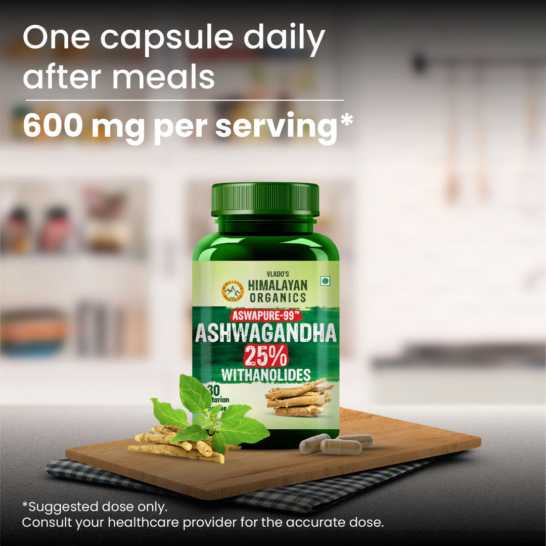 Vlado's Himalayan Organics Ashwagandha -25 % Withanolides with Maximun High Potency - 600MG - Highly Concentrated & Third-Party Lab Tested - Ayurvedic Supplement - Focus, Mood Support, Increase Energy, Strength  1st in India - 30 Capsules