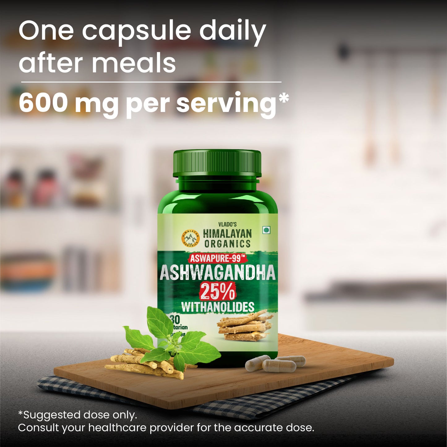 Vlado's Himalayan Organics Ashwagandha -25 % Withanolides with Maximun High Potency - 600MG - Highly Concentrated & Third-Party Lab Tested - Ayurvedic Supplement - Focus, Mood Support, Increase Energy, Strength  1st in India - 30 Capsules