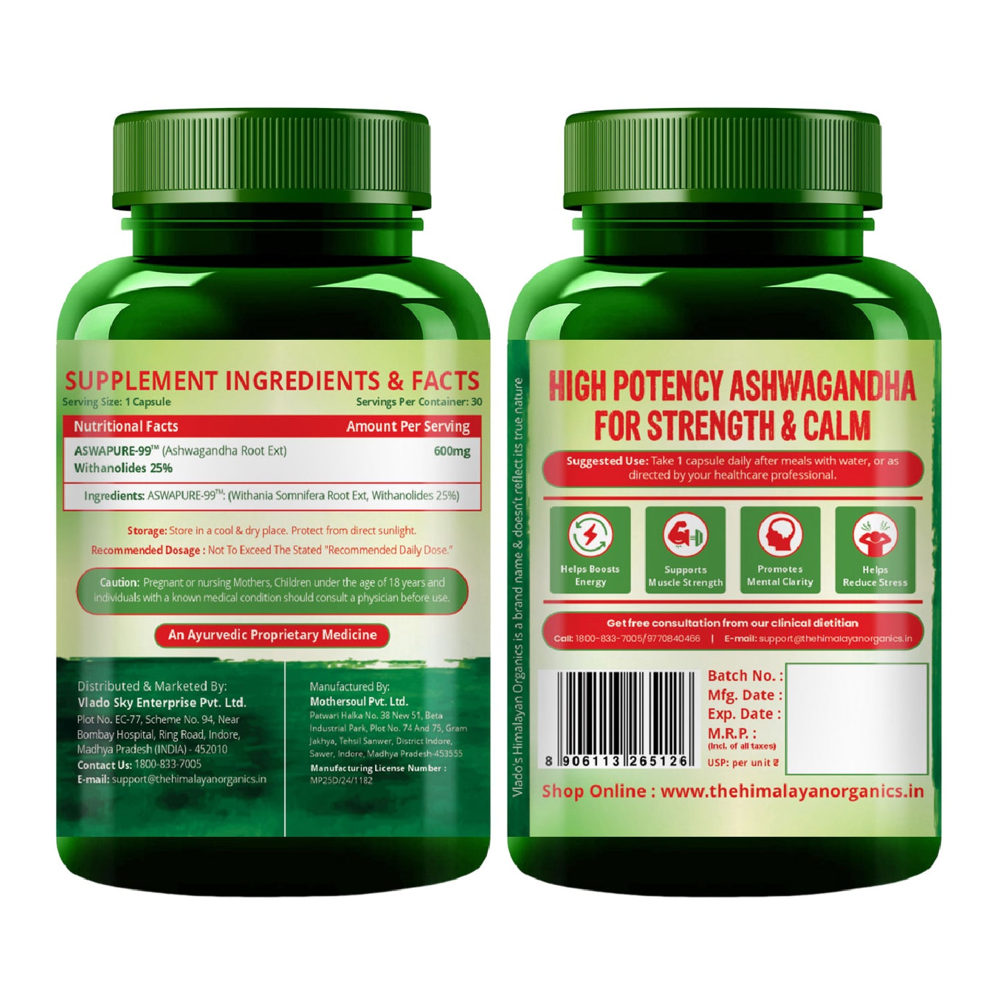 Vlado's Himalayan Organics Ashwagandha -25 % Withanolides with Maximun High Potency - 600MG - Highly Concentrated & Third-Party Lab Tested - Ayurvedic Supplement - Focus, Mood Support, Increase Energy, Strength  1st in India - 30 Capsules
