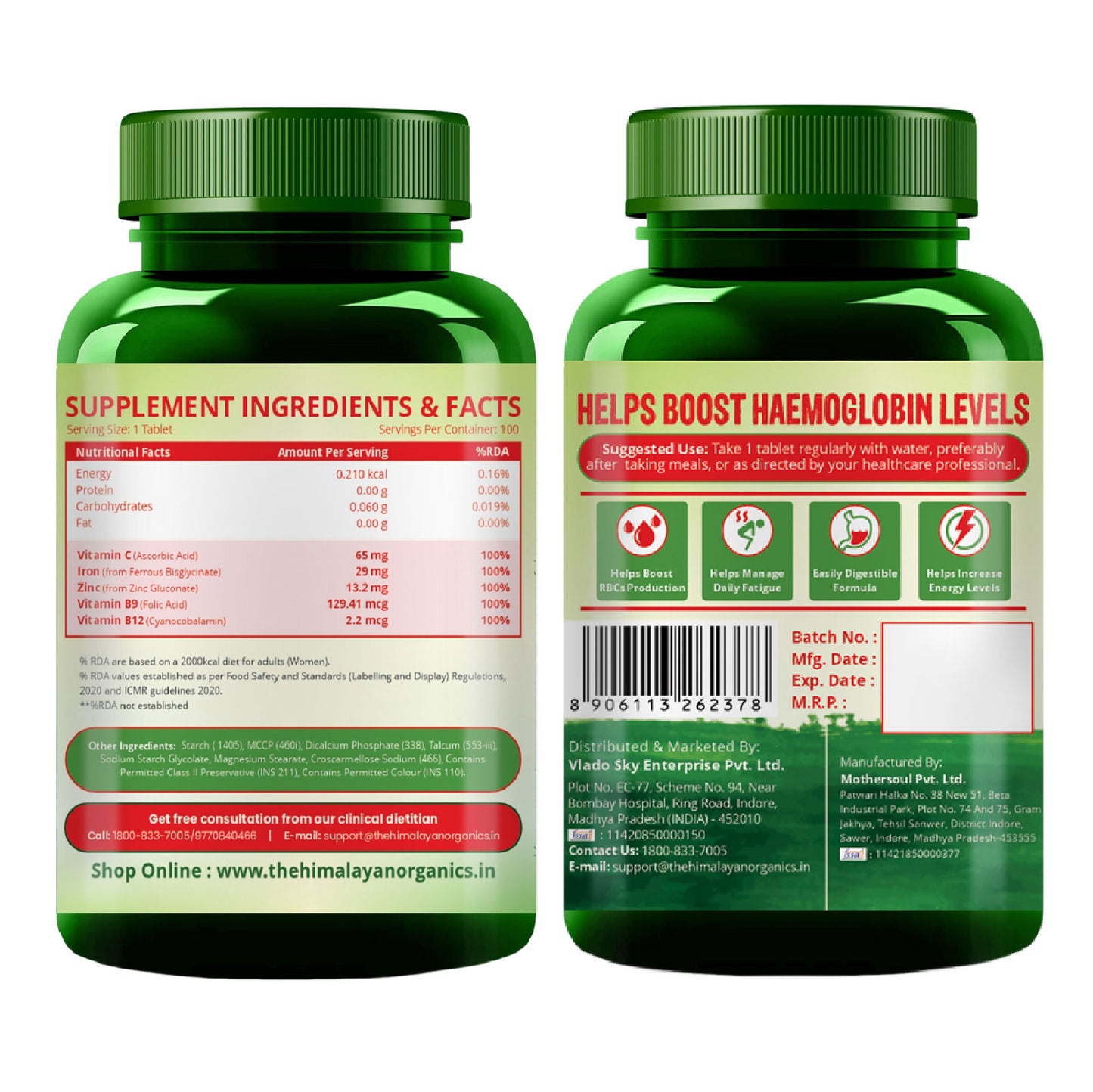 Vlado's Himalayan Organics Chelated Iron with Vitamin C Supplement - 100 Veg Tablets