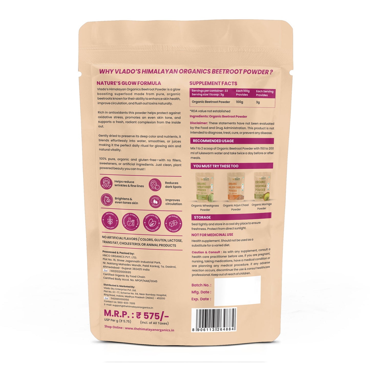 Vlado's Himalayan Organics Beetroot Powder For Face, Skin & Hair I Drinking | Eating | 100% Pure | Boost Energy | Shining Skin | Rich In Antioxidants Natural Brightening, Anti-Aging & Glowing Complexion 100g