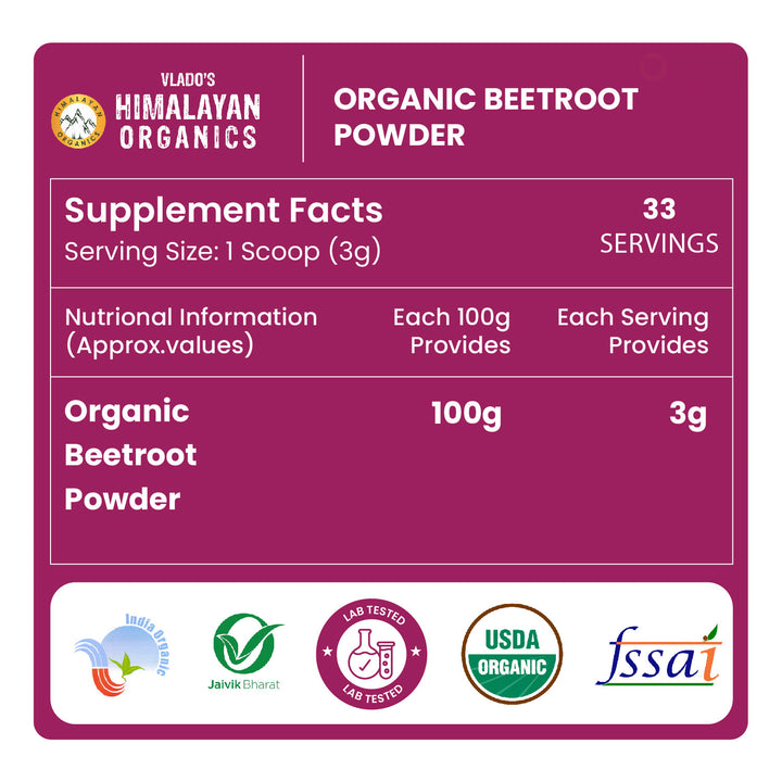 Vlado's Himalayan Organics Beetroot Powder For Face, Skin & Hair I Drinking | Eating | 100% Pure | Boost Energy | Shining Skin | Rich In Antioxidants Natural Brightening, Anti-Aging & Glowing Complexion 100g