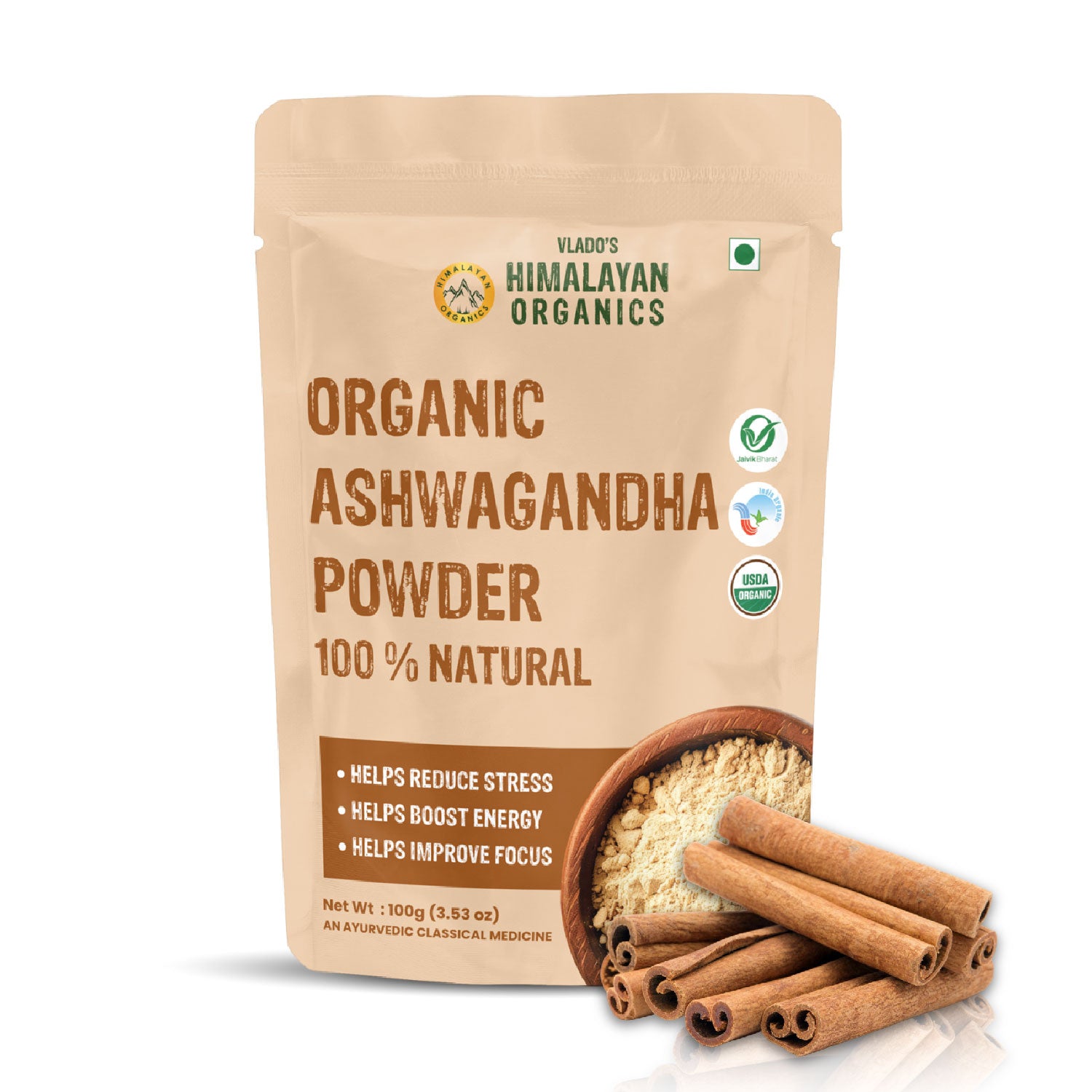 Vlado's Himalayan Organics 100% Organic Ashwagandha Powder 100gm - Withania Somnifera | Pure Ashwagandha Powder Organic -Support Muscle Recovery & Boost Energy Level | USDA Certified for Vitality, Strength & Stress Management | 100gm
