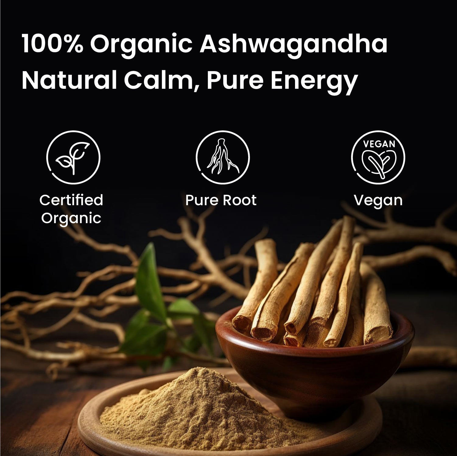 Vlado's Himalayan Organics 100% Organic Ashwagandha Powder 100gm - Withania Somnifera | Pure Ashwagandha Powder Organic -Support Muscle Recovery & Boost Energy Level | USDA Certified for Vitality, Strength & Stress Management | 100gm