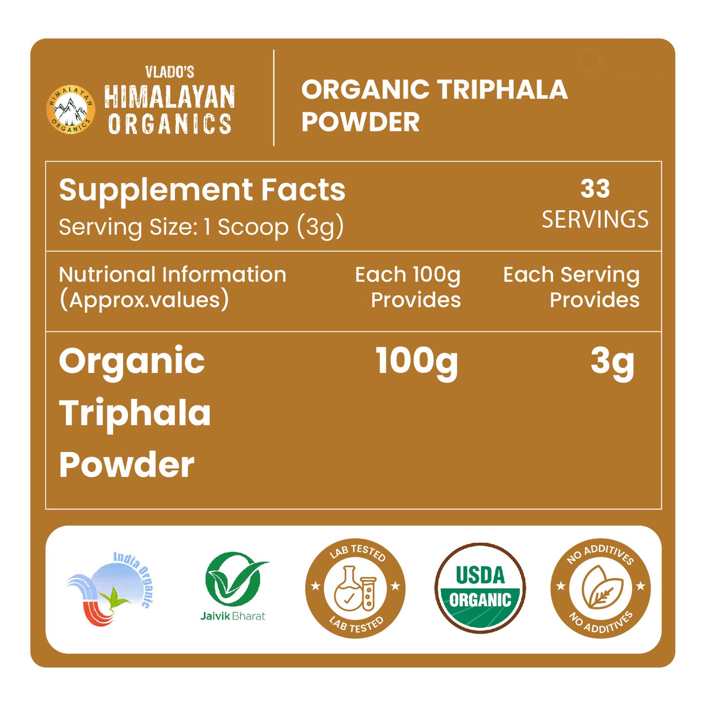 Vlado's Himalayan Organics Triphala Powder - 100 GM | Triphala Churna For Gut, Immune & Intestinal Health | Colon & Digestion, For Balanced Bowel & Gut Health, Contains Bioactives and Antioxidants, GMP & NPOP Certified Organic I Helps Relieve Constipation