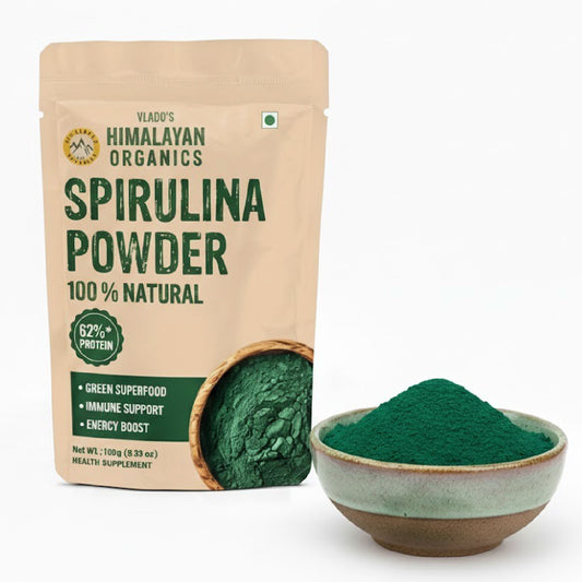 Vlado's Himalayan Organics Spirulina Powder (100g) | For Men & Women | Contains 62% Protein I Natural Superfood | Rich in Protein, Vitamins & Minerals | Boost Energy & Immunity | Support Digestion & Skin health