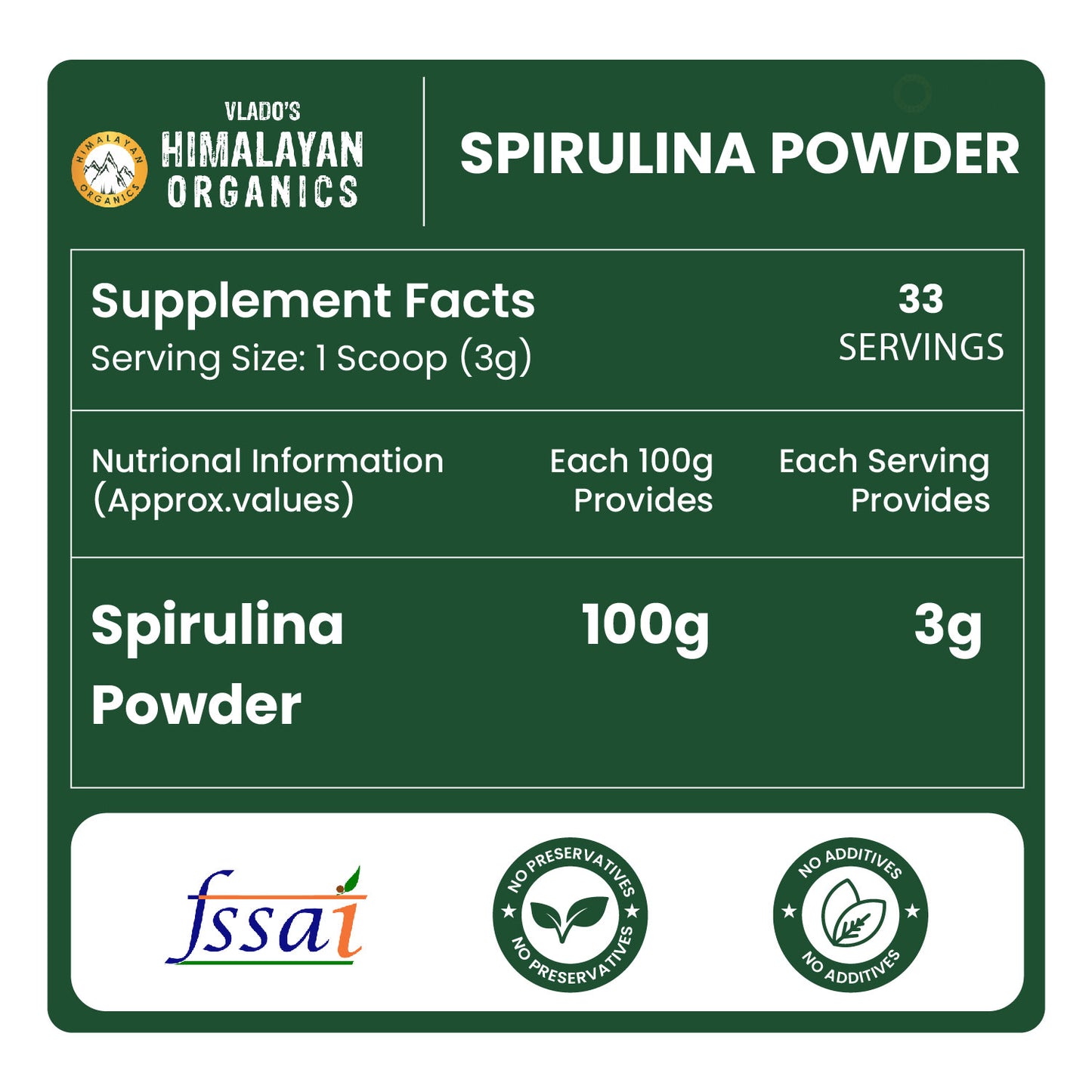 Vlado's Himalayan Organics Spirulina Powder (100g) | For Men & Women | Contains 62% Protein I Natural Superfood | Rich in Protein, Vitamins & Minerals | Boost Energy & Immunity | Support Digestion & Skin health