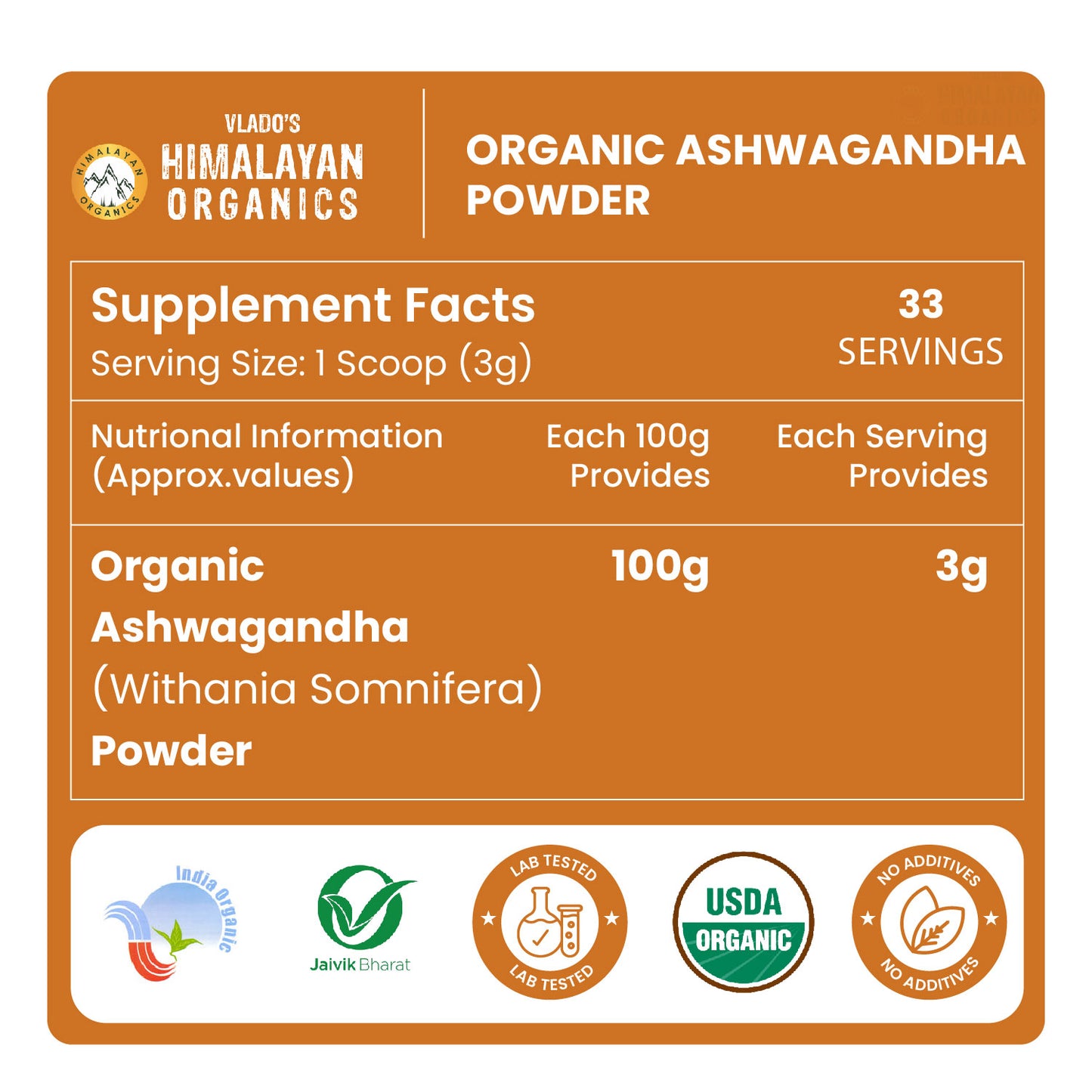 Vlado's Himalayan Organics 100% Organic Ashwagandha Powder 100gm - Withania Somnifera | Pure Ashwagandha Powder Organic -Support Muscle Recovery & Boost Energy Level | USDA Certified for Vitality, Strength & Stress Management | 100gm