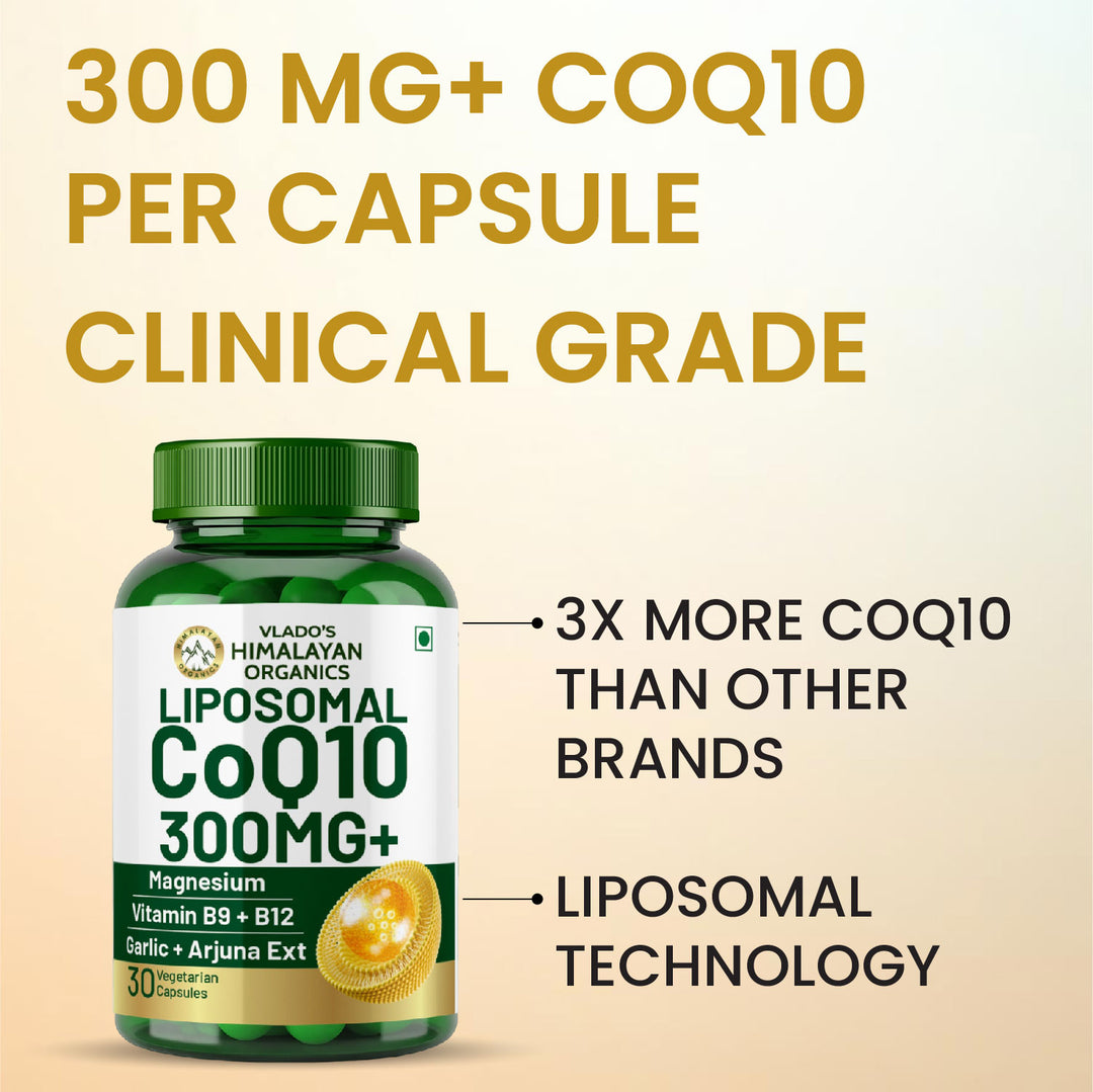 Vlado's Himalayan Organics Liposomal Coenzyme Q10 | CoQ10 Supplement 300mg+ with Magnesium, Vitamin B9 & B12, D-Chiro-Inositol, ,Garlic, Arjuna, Methyl, Folate | High Absorption I Coq10 Ubiqinol Supports Heart Health and Vascular Health  – 30 Capsules