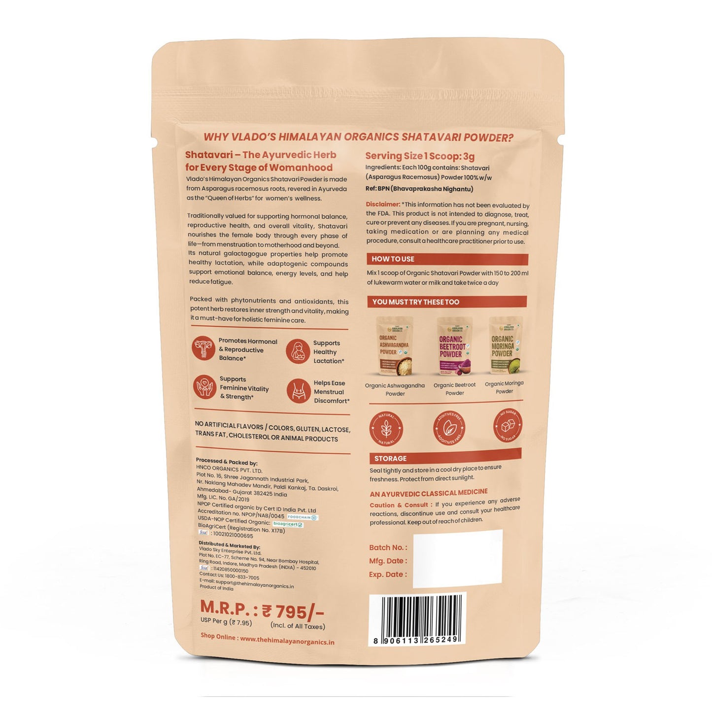Vlado's Himalayan Organics Shatavari Powder 100gms | Promotes Lactation Naturally | Helps Maintain Hormonal Balance