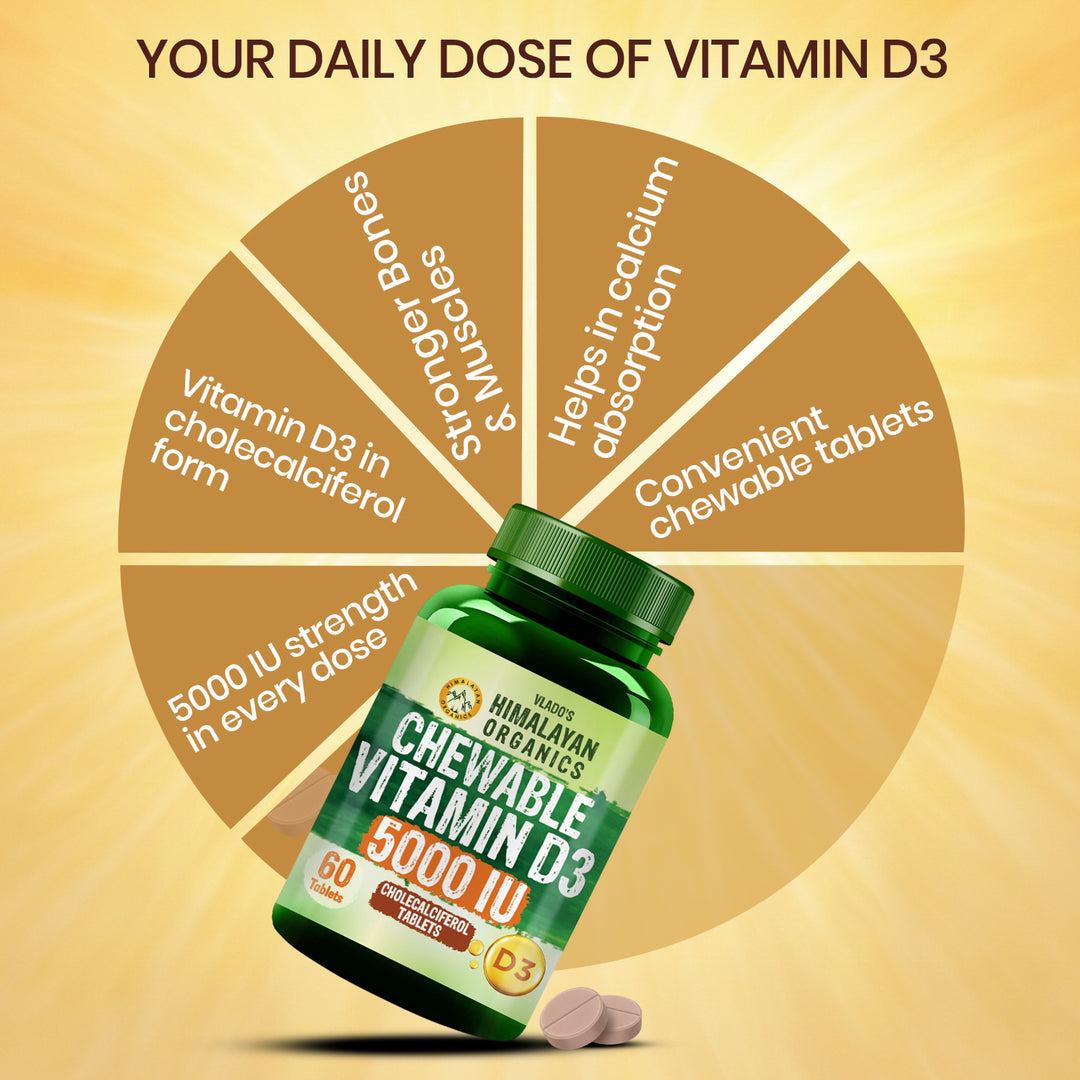 Vlado's Himalayan Organics Vitamin D3 5000IU - Chewable Vitamin D Tablets | Cholecalciferol Vitamin D3 Supplement for Bone & Immunity | For Men And Women | Orange Flavour - 60 Tablets