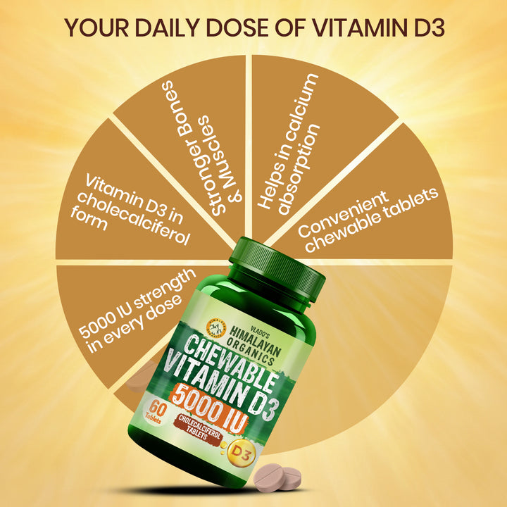 Vlado's Himalayan Organics Vitamin D3 5000IU - Chewable Vitamin D Tablets | Cholecalciferol Vitamin D3 Supplement for Bone & Immunity | For Men And Women | Orange Flavour - 60 Tablets