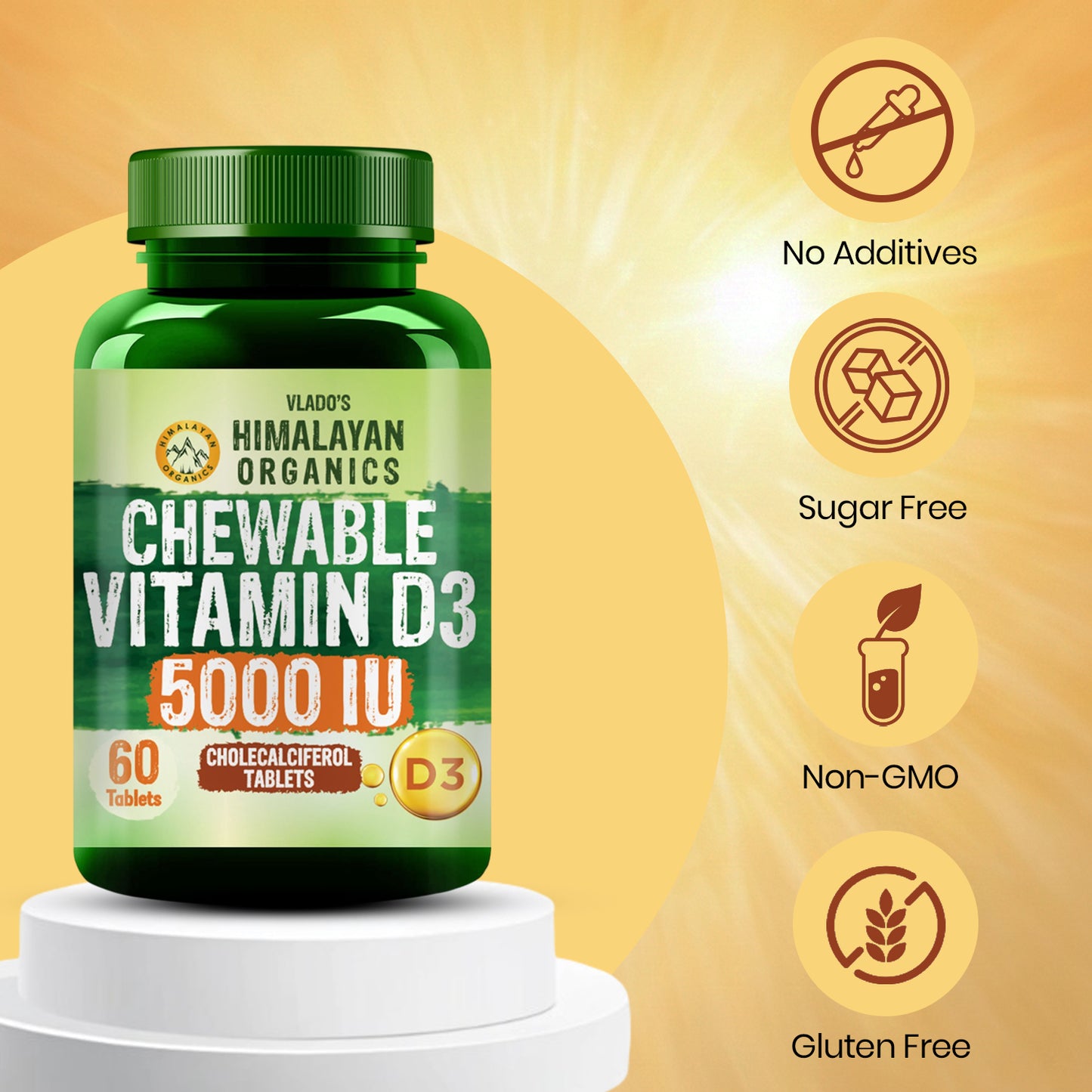 Vlado's Himalayan Organics Vitamin D3 5000IU - Chewable Vitamin D Tablets | Cholecalciferol Vitamin D3 Supplement for Bone & Immunity | For Men And Women | Orange Flavour - 60 Tablets