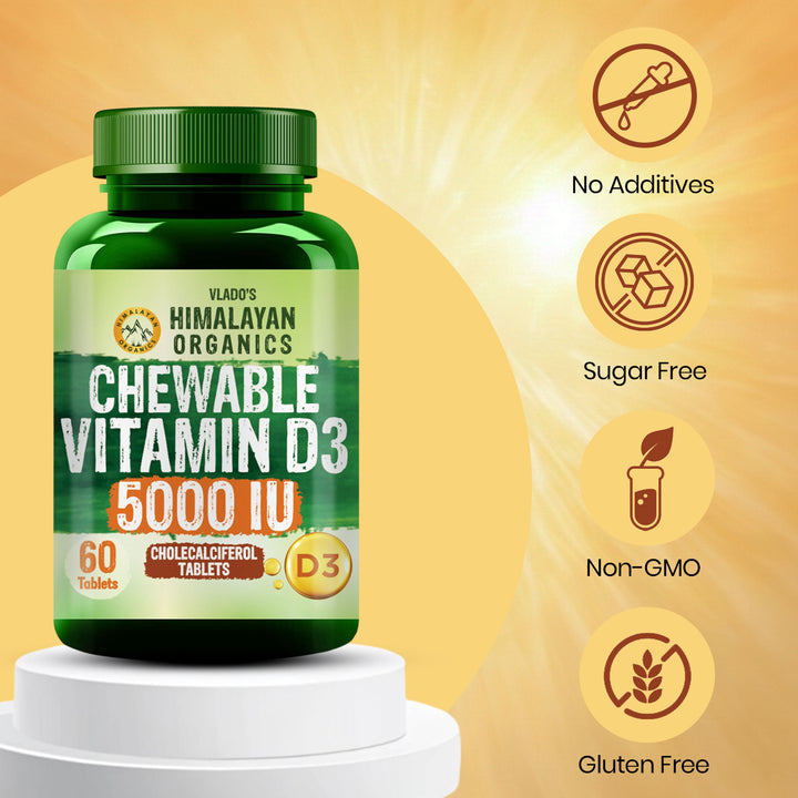 Vlado's Himalayan Organics Vitamin D3 5000IU - Chewable Vitamin D Tablets | Cholecalciferol Vitamin D3 Supplement for Bone & Immunity | For Men And Women | Orange Flavour - 60 Tablets