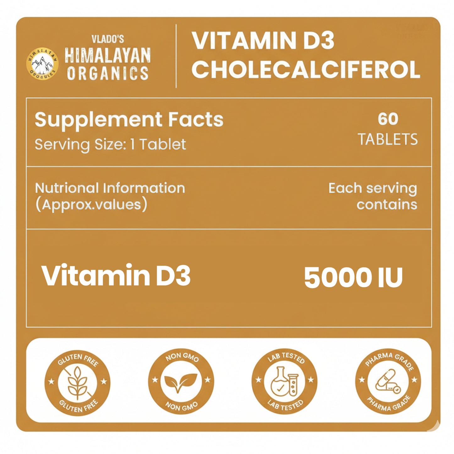 Vlado's Himalayan Organics Vitamin D3 5000IU - Chewable Vitamin D Tablets | Cholecalciferol Vitamin D3 Supplement for Bone & Immunity | For Men And Women | Orange Flavour - 60 Tablets