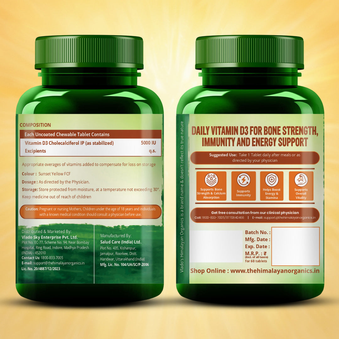 Vlado's Himalayan Organics Vitamin D3 5000IU - Chewable Vitamin D Tablets | Cholecalciferol Vitamin D3 Supplement for Bone & Immunity | For Men And Women | Orange Flavour - 60 Tablets