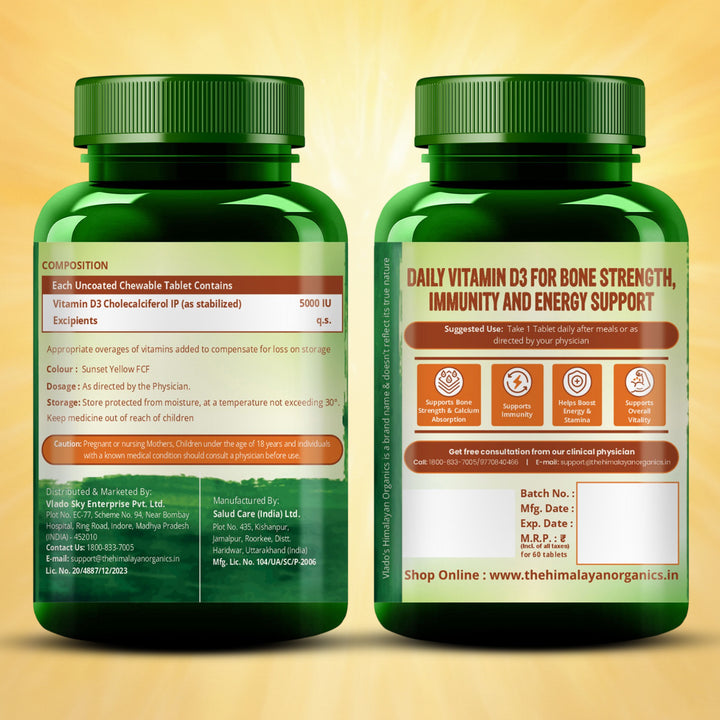 Vlado's Himalayan Organics Vitamin D3 5000IU - Chewable Vitamin D Tablets | Cholecalciferol Vitamin D3 Supplement for Bone & Immunity | For Men And Women | Orange Flavour - 60 Tablets