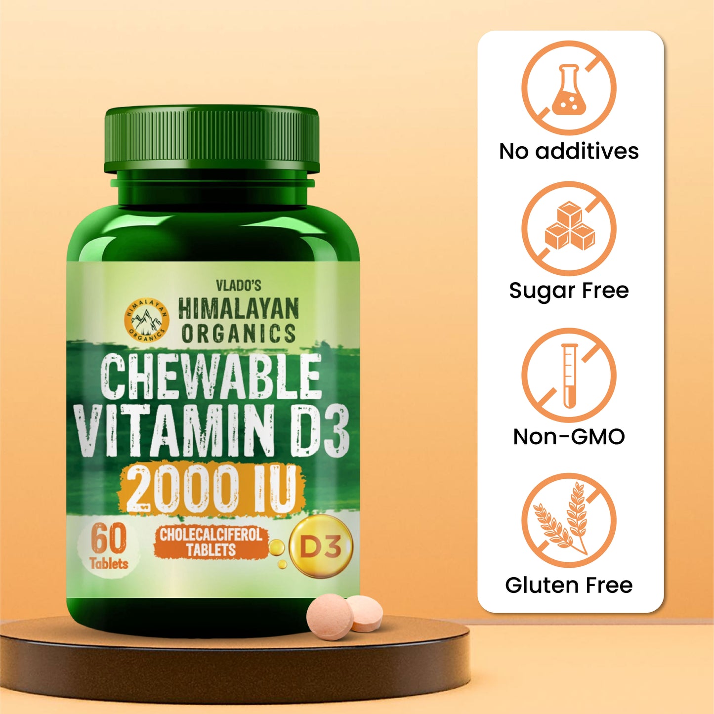 Vlado's Himalayan Organics Vitamin D3 2000IU - Chewable Vitamin D Tablets | Cholecalciferol Vitamin D3 for Bone & Immunity | Vitamin D3 Supplement for Women & Men | Orange Flavour - 60 Tablets