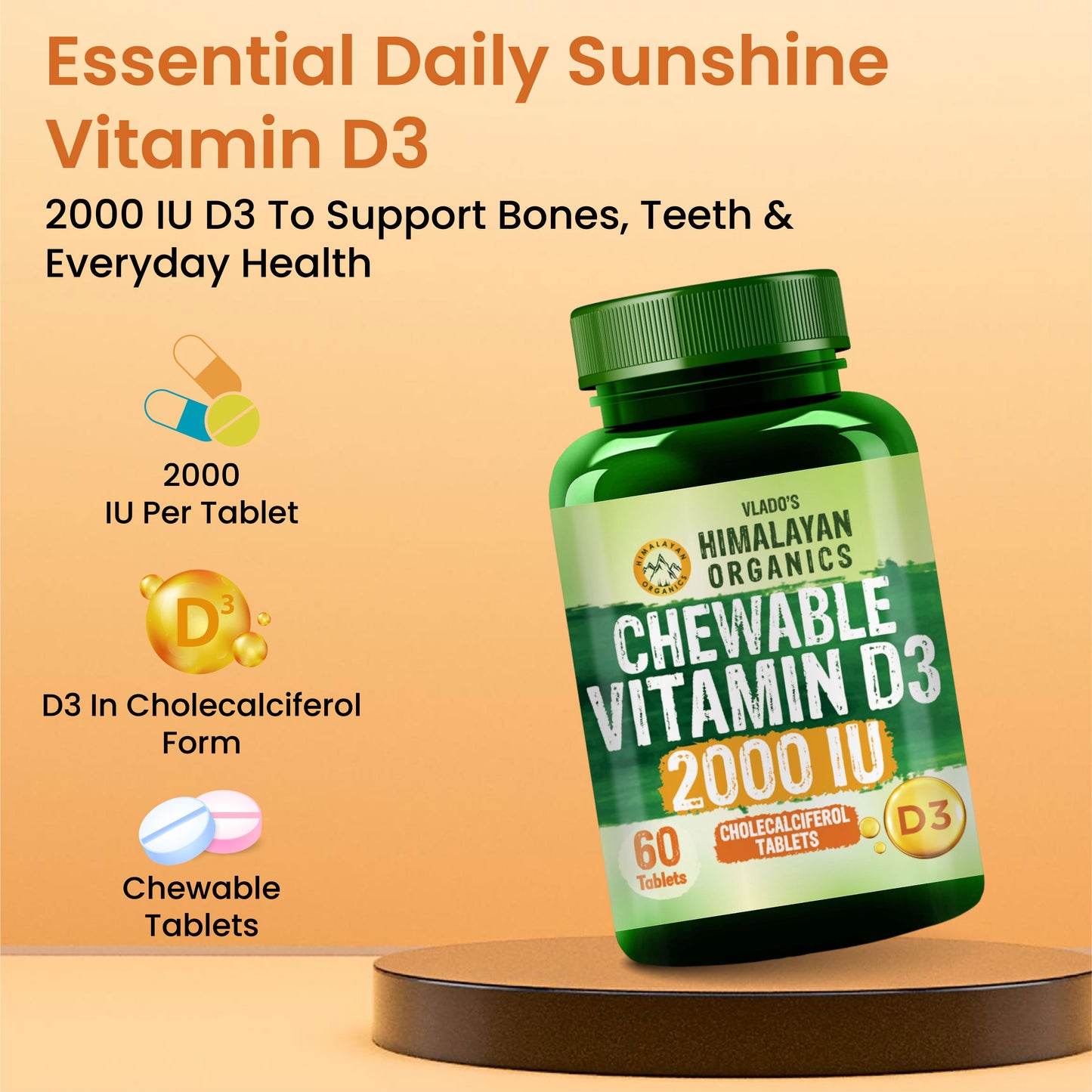 Vlado's Himalayan Organics Vitamin D3 2000IU - Chewable Vitamin D Tablets | Cholecalciferol Vitamin D3 for Bone & Immunity | Vitamin D3 Supplement for Women & Men | Orange Flavour - 60 Tablets