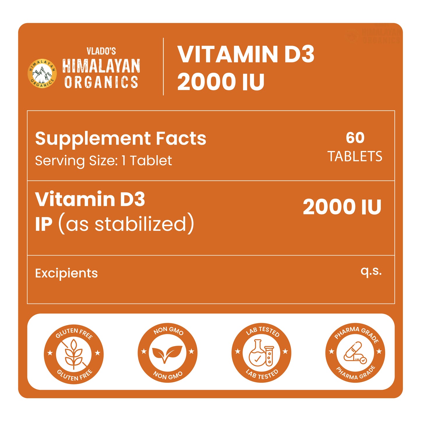 Vlado's Himalayan Organics Vitamin D3 2000IU - Chewable Vitamin D Tablets | Cholecalciferol Vitamin D3 for Bone & Immunity | Vitamin D3 Supplement for Women & Men | Orange Flavour - 60 Tablets
