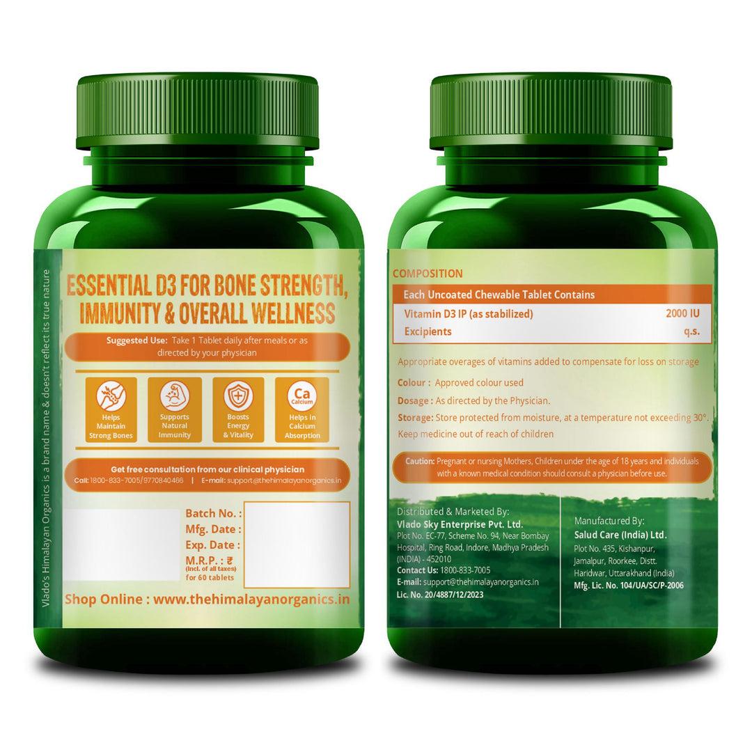 Vlado's Himalayan Organics Vitamin D3 2000IU - Chewable Vitamin D Tablets | Cholecalciferol Vitamin D3 for Bone & Immunity | Vitamin D3 Supplement for Women & Men | Orange Flavour - 60 Tablets