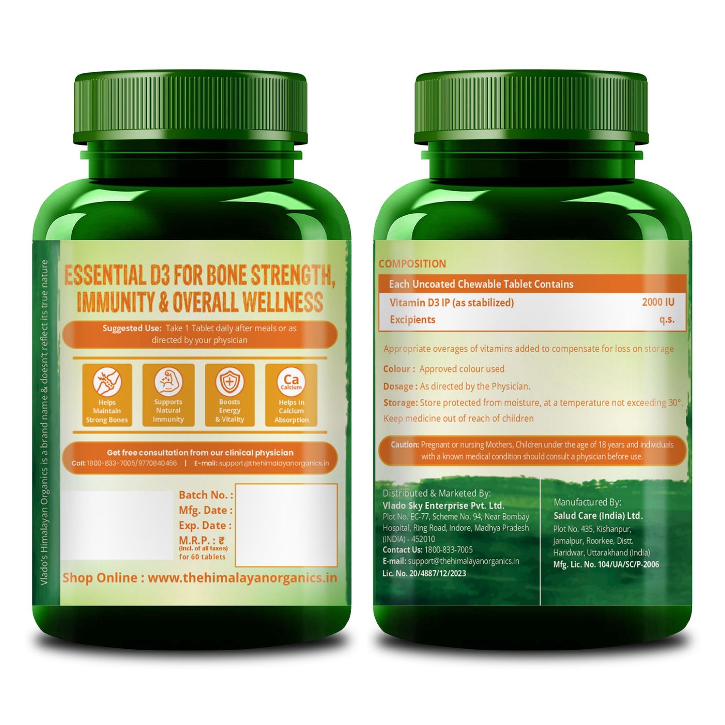 Vlado's Himalayan Organics Vitamin D3 2000IU - Chewable Vitamin D Tablets | Cholecalciferol Vitamin D3 for Bone & Immunity | Vitamin D3 Supplement for Women & Men | Orange Flavour - 60 Tablets