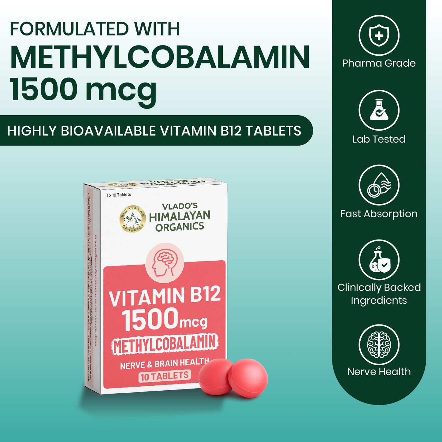 Vlado's Himalayan Organics Methylcobalamin Vitamin B12 1500mcg Supplement for Men & Women -10 Tablets (1 Strip)
