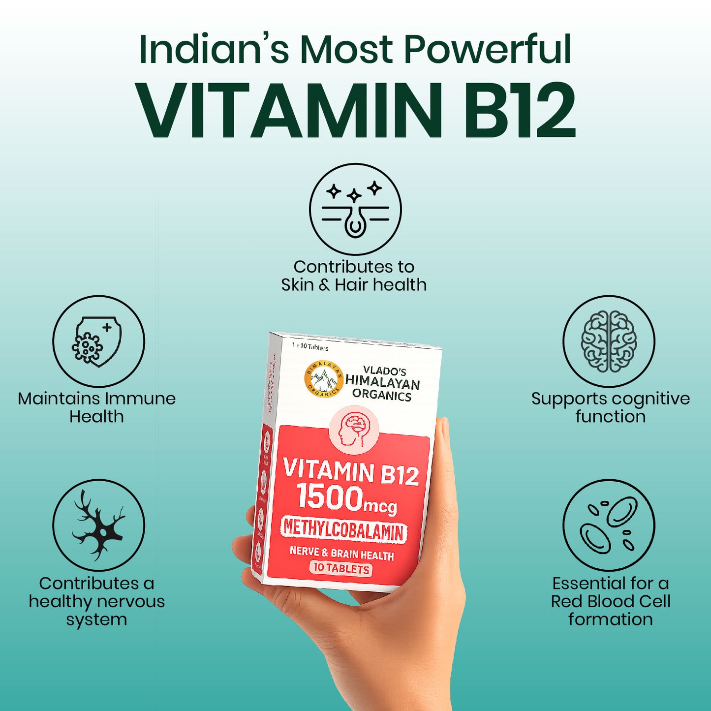 Vlado's Himalayan Organics Methylcobalamin Vitamin B12 1500mcg Supplement for Men & Women -10 Tablets (1 Strip)