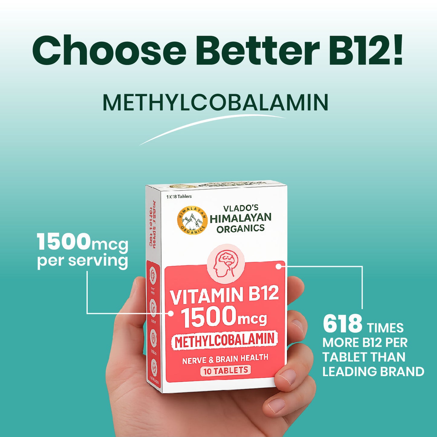 Vlado's Himalayan Organics Methylcobalamin Vitamin B12 1500mcg Supplement for Men & Women -10 Tablets (1 Strip)