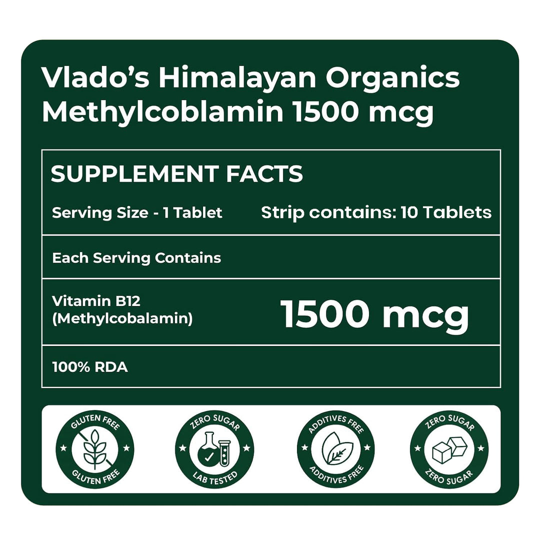 Vlado's Himalayan Organics Methylcobalamin Vitamin B12 1500mcg Supplement for Men & Women -10 Tablets (1 Strip)