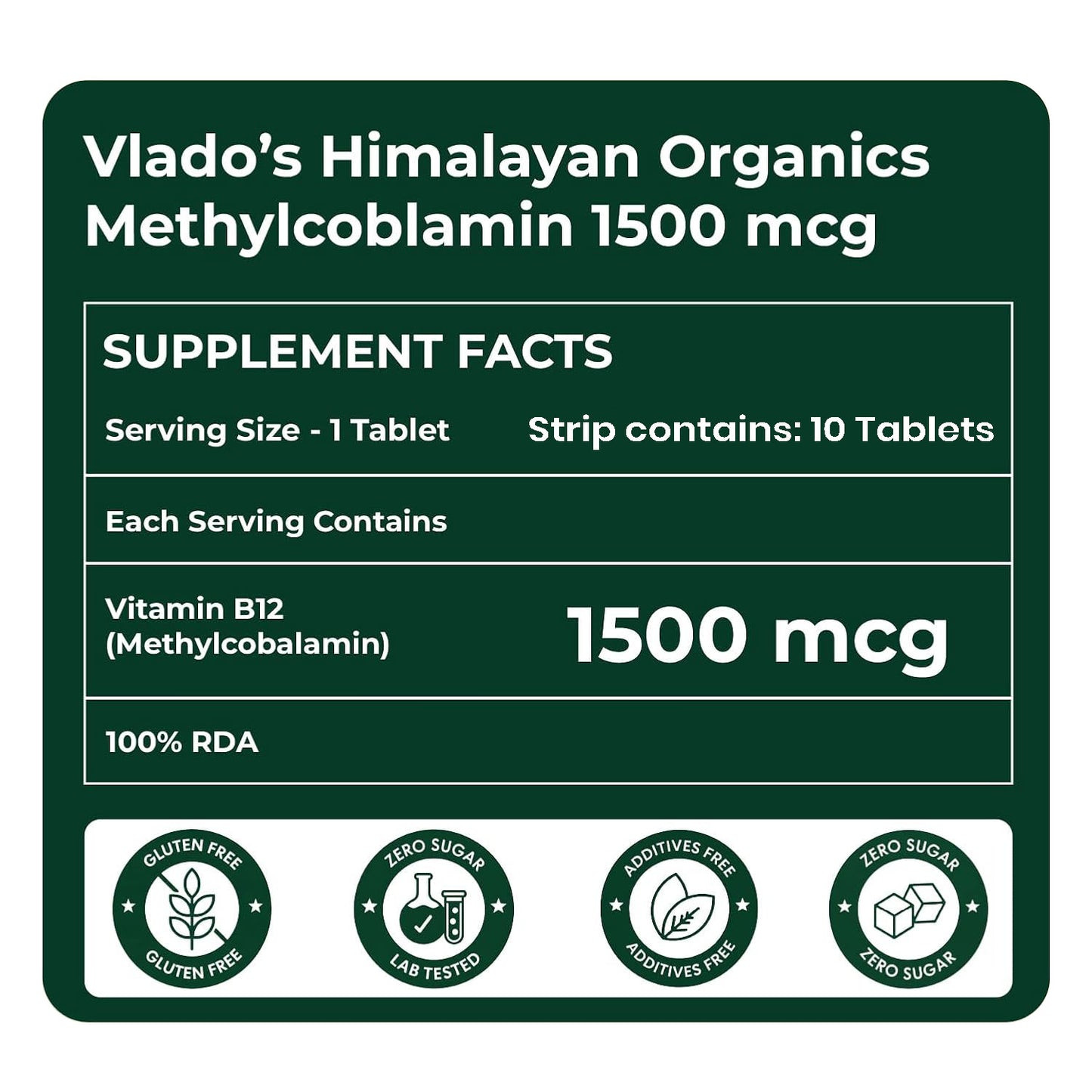 Vlado's Himalayan Organics Methylcobalamin Vitamin B12 1500mcg Supplement for Men & Women -10 Tablets (1 Strip)