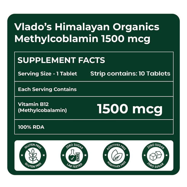 Vlado's Himalayan Organics Methylcobalamin Vitamin B12 1500mcg Supplement for Men & Women -10 Tablets (1 Strip)
