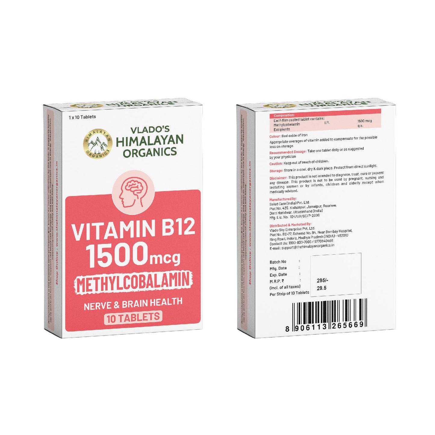Vlado's Himalayan Organics Methylcobalamin Vitamin B12 1500mcg Supplement for Men & Women -10 Tablets (1 Strip)