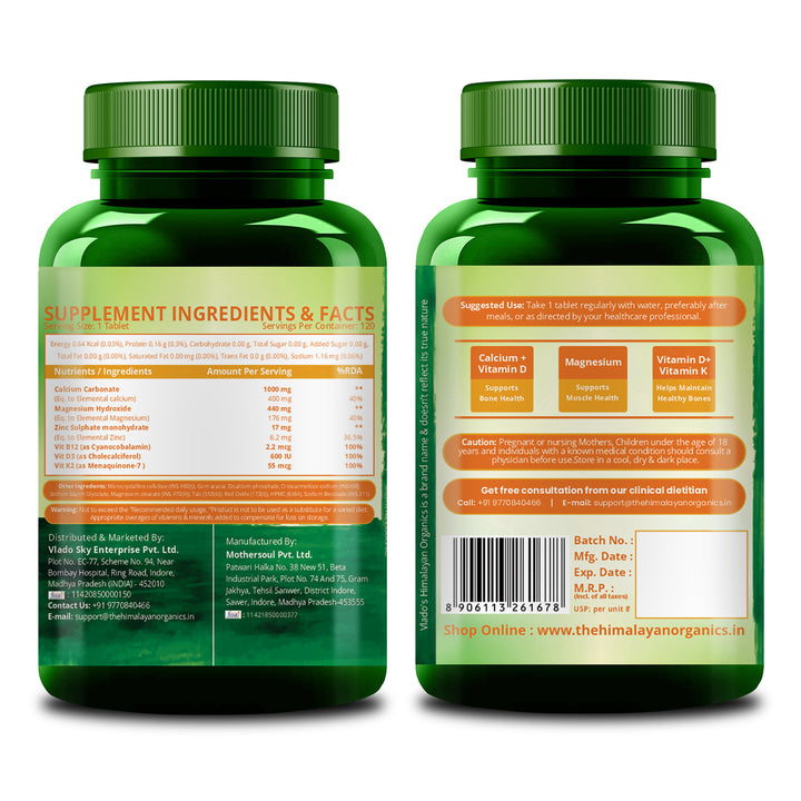 Vlado's Himalayan Organics Calcium Magnesium Zinc Vitamin D3, B12 & K - 120 Vegetarian Tablets