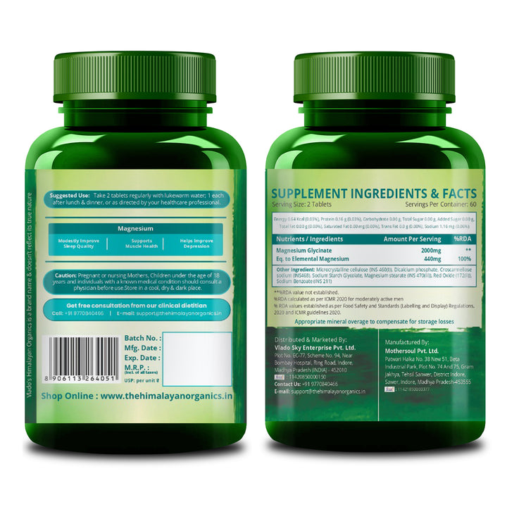 Vlado's Himalayan Organics Chelated Magnesium Glycinate Supplement 2000mg | Highly Absorbable Magnesium I Support in Muscle, Cramps, Recovery, & Nerve Relaxation, Better Sleep Quality for Men & Women - 120 Veg Tab