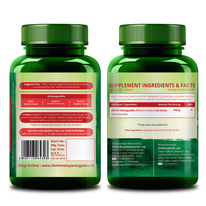 Vlado’s Himalayan Organics KSM66 Ashwagandha 700 Mg I 5% Withania Somnifera I Pure Ashwagandha Men & Women (60 Capsules)