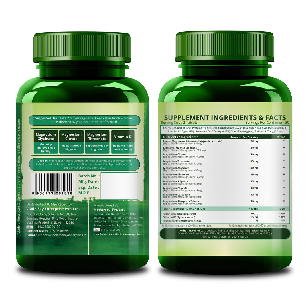 Vlado's Himalayan Organics Magnesium Supplement 2800mg with 10 Chelated Salts Liposomal magnesium citrate , Oxide, Threonate, Aspartate, +2 more with VItamin D3 & B12  I 10X Strength mangesium complex - 60 Veg tablets