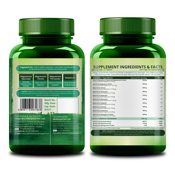 Vlado's Himalayan Organics Magnesium Supplement 2800mg with 10 Chelated Salts Liposomal magnesium citrate , Oxide, Threonate, Aspartate, +2 more with VItamin D3 & B12  I 10X Strength mangesium complex - 60 Veg tablets