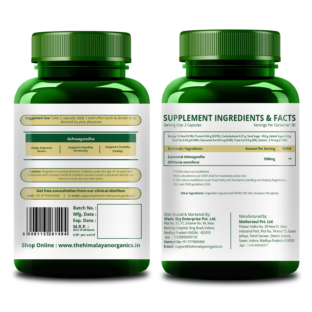 Vlado's Himalayan Organics Liposomal Ashwagandha 1000mg/Serve || Energy & Endurance || 60 Veg Capsules