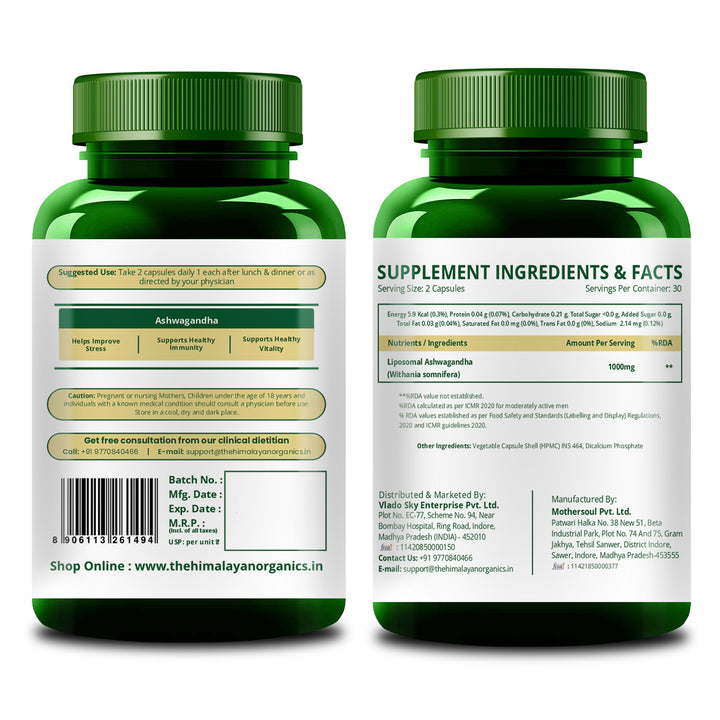 Vlado's Himalayan Organics Liposomal Ashwagandha 1000mg/Serve || Energy & Endurance || 60 Veg Capsules