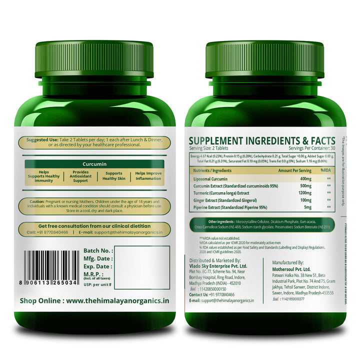 Vlado's Himalayan Organics Curcumin (1600mg+ / Serving ) with Black Pepper  Supplement and 95% Curcuminoids | Anti inflammatory Supplement for Men & Women | With Curcuma Longa, Turmeric & Ginger Root extract | 60 Veg Tablets