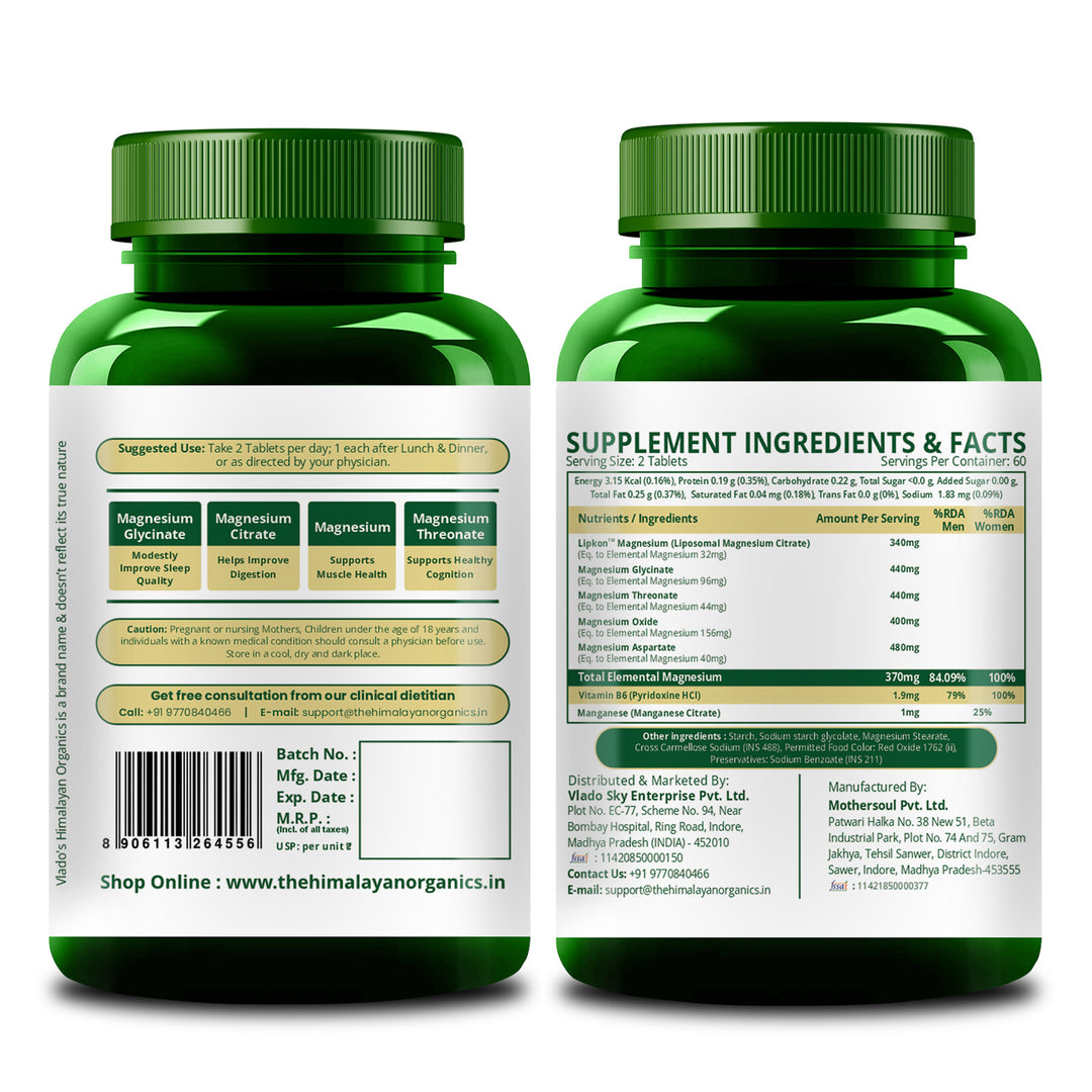 Vlado's Himalayan Organics 5X Strength Liposomal Magnesium Supplement - 2100mg+ with Chelated Magnesium Glycinate | For Sleep, Cramps, Recovery, Nerve & Muscle Function, Clinically Proven, 100% RDA - 120 Tablets