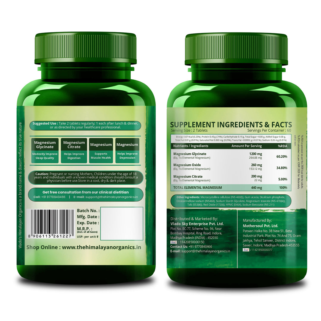 Vlado's Himalayan Organics Magnesium Complex Supplement | 1660mg | with Magnesium Glycinate, Magnesium Citrate, Magnesium Oxide - 120 Veg Tablets