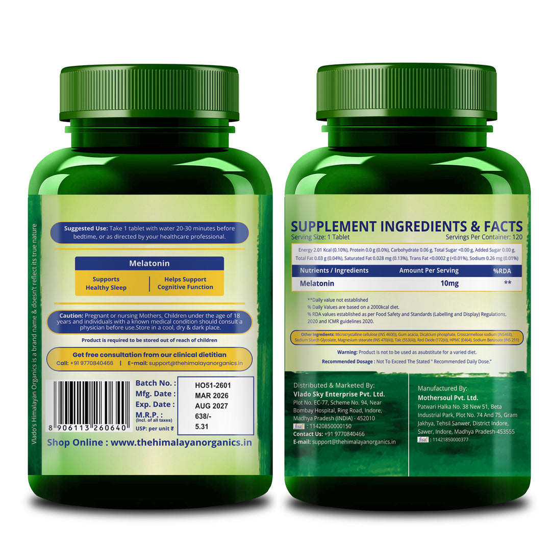 Vlado's Himalayan Organics Melatonin 10 MG Healthy Sleep Cycle | Helps Stress & Anxiety Relief | Improve Concentration | Non-Habit Forming (120 Tablets)