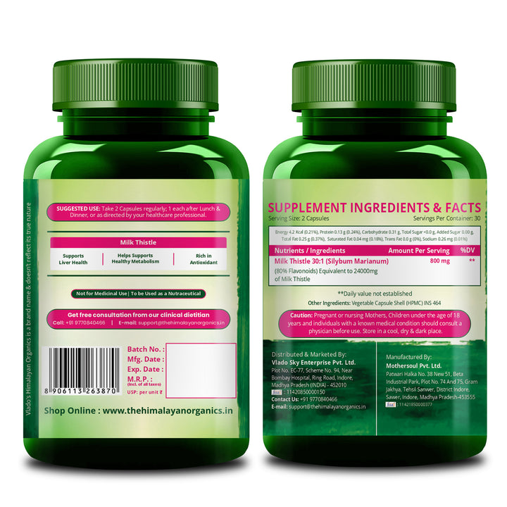 Vlado's Himalayan Organics Milk Thistle Extract Detox Supplement For Men And Women With 800Mg Of Silybum Marianum For Healthy Liver | Helps in Cleanse Liver - 60 Vegetarian Capsules