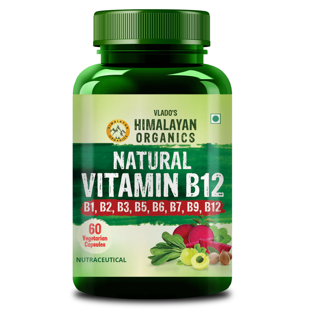 Vlado's Himalayan Organics Natural Vitamin B12 Supplement- with Vitamin B1,B2,B3,B5,B6,B7,B9,Moringa | Support Nerve Health & Brain Function I Energy Production, Energy, Maximize Absorption, Boost Metabolism I For Men & Women - 60 Vegetarian Capsules