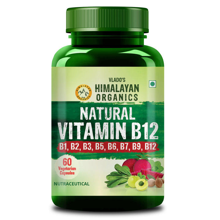 Vlado's Himalayan Organics Natural Vitamin B12 Supplement- with Vitamin B1,B2,B3,B5,B6,B7,B9,Moringa | Support Nerve Health & Brain Function I Energy Production, Energy, Maximize Absorption, Boost Metabolism I For Men & Women - 60 Vegetarian Capsules