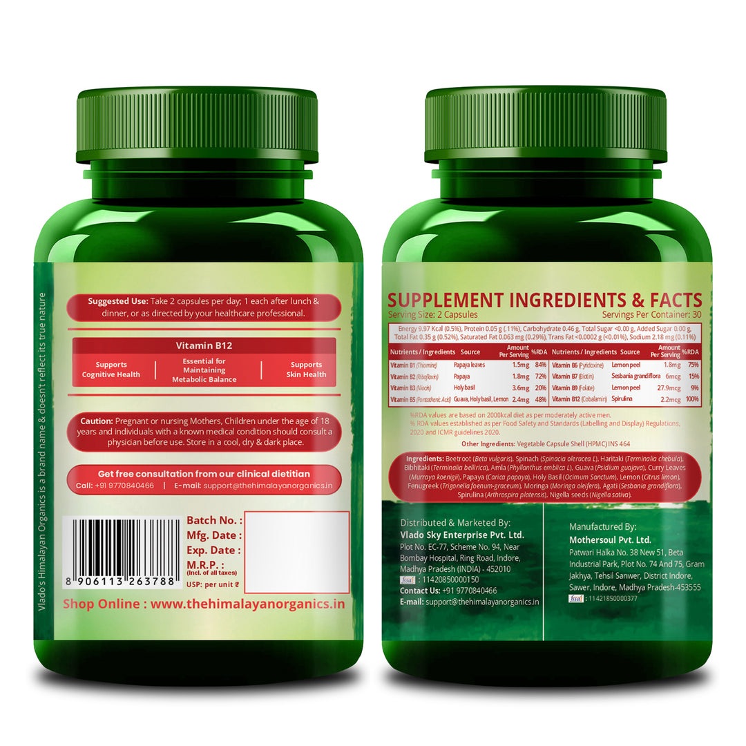 Vlado's Himalayan Organics Natural Vitamin B12 Supplement- with Vitamin B1,B2,B3,B5,B6,B7,B9,Moringa | Support Nerve Health & Brain Function I Energy Production, Energy, Maximize Absorption, Boost Metabolism I For Men & Women - 60 Vegetarian Capsules