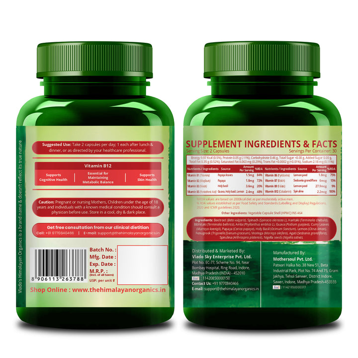 Vlado's Himalayan Organics Natural Vitamin B12 Supplement- with Vitamin B1,B2,B3,B5,B6,B7,B9,Moringa | Support Nerve Health & Brain Function I Energy Production, Energy, Maximize Absorption, Boost Metabolism I For Men & Women - 60 Vegetarian Capsules